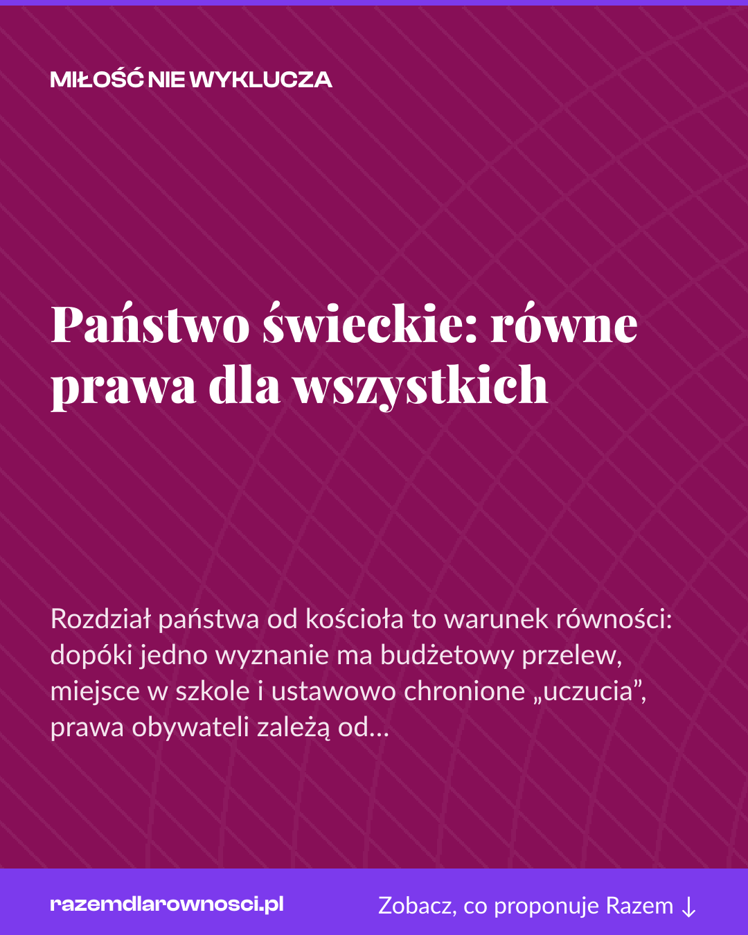 Grafika pionowa do udostępnienia: Państwo świeckie: równe prawa dla wszystkich