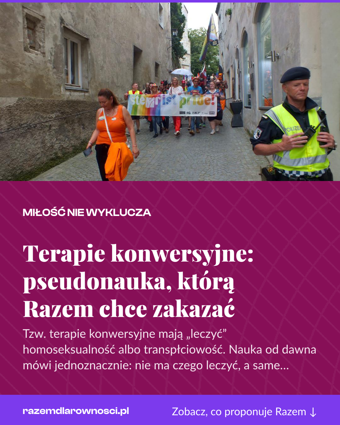 Grafika pionowa do udostępnienia: Terapie konwersyjne: pseudonauka, którą Razem chce zakazać