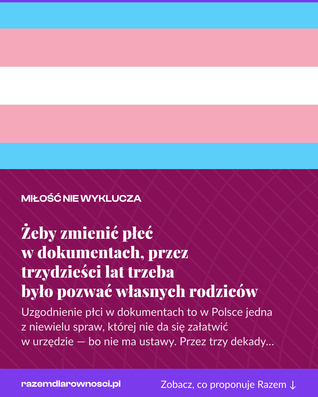 Grafika pionowa do udostępnienia: Żeby zmienić płeć w dokumentach, przez trzydzieści lat trzeba było pozwać własnych rodziców
