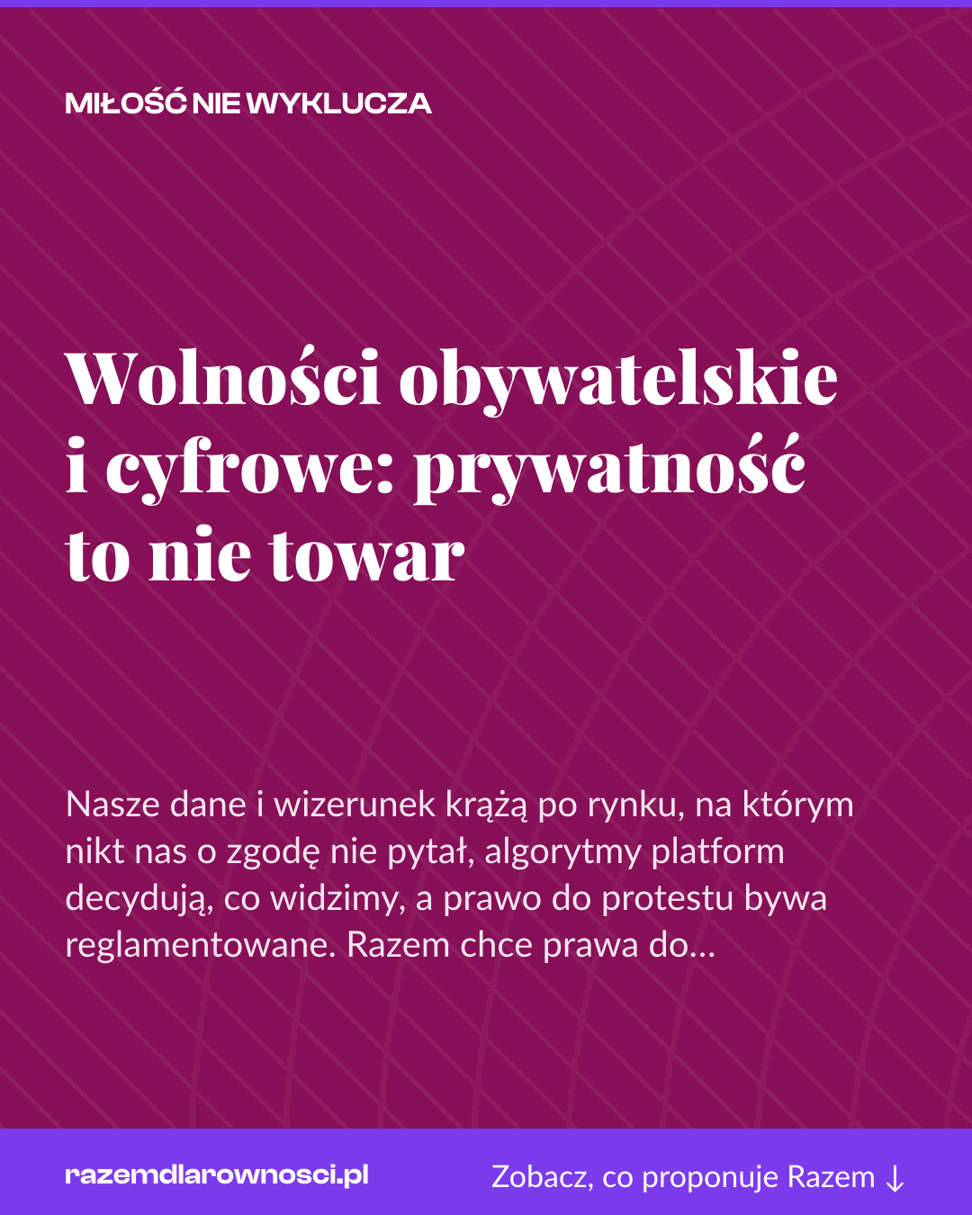 Grafika pionowa do udostępnienia: Wolności obywatelskie i cyfrowe: prywatność to nie towar