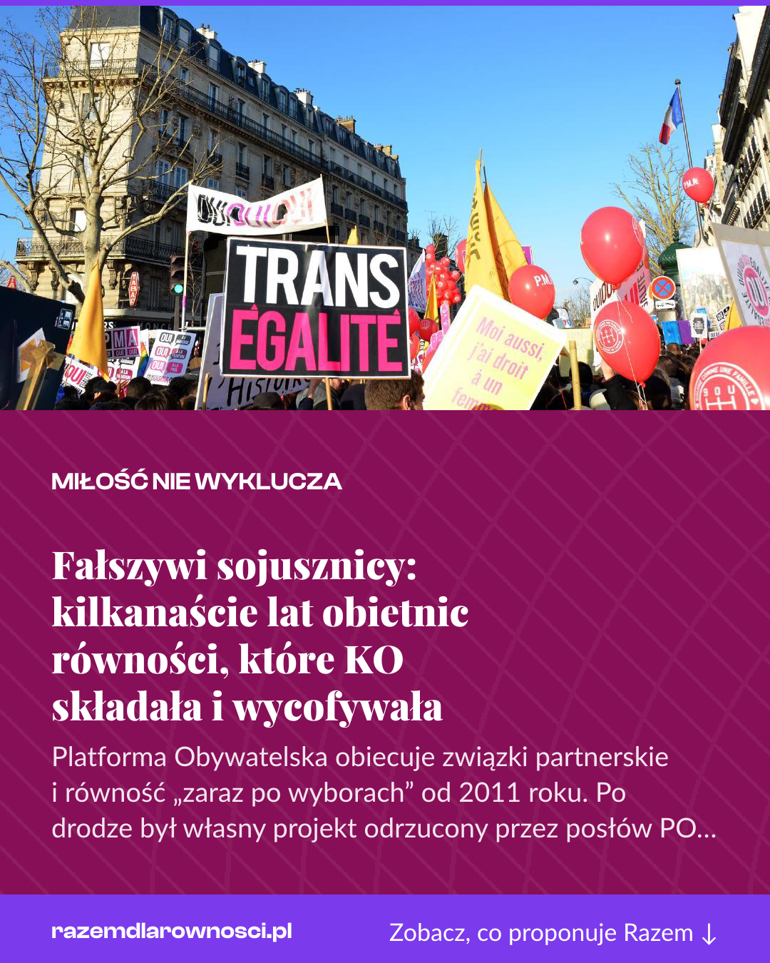 Grafika pionowa do udostępnienia: Fałszywi sojusznicy: kilkanaście lat obietnic równości, które KO składała i wycofywała