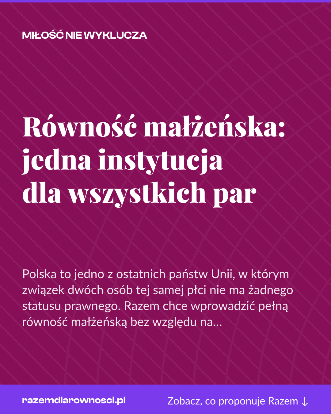Grafika pionowa do udostępnienia: Równość małżeńska: jedna instytucja dla wszystkich par
