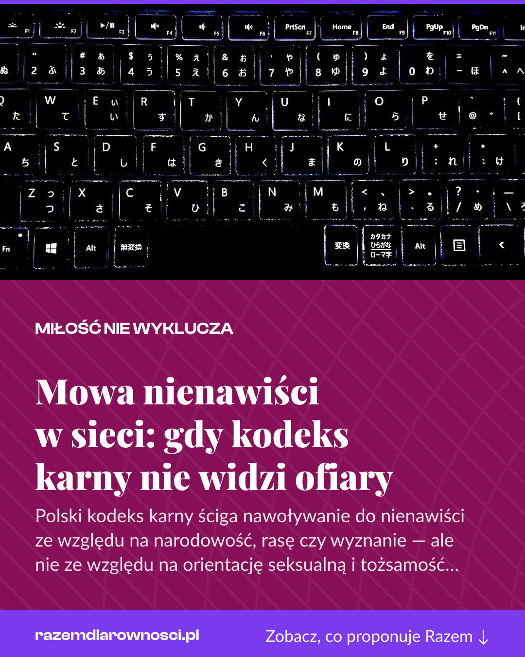 Grafika pionowa do udostępnienia: Mowa nienawiści w sieci: gdy kodeks karny nie widzi ofiary